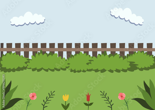 Landscape of the park vector illustration with some flowers, bushes, and a fence. Nature background vector design for jogging or some exercises.