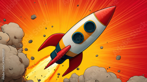 Fototapeta Naklejka Na Ścianę i Meble -  Retro rocket ship blasting off with fiery exhaust and flying debris in dramatic comic style, energetic orange sky and motion lines conveying explosive lift off excitement