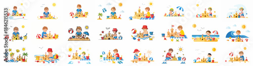 Collection of Cute Vector Illustrations of Boys Building Sandcastles at the Beach During Summer Vacation and Playing with Sand Toys.