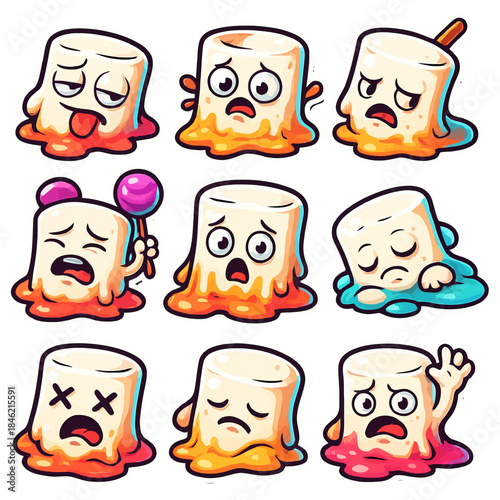 Cute melting marshmallows with various facial expressions and emotions.