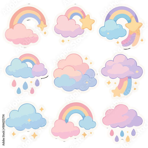Whimsical rainbow and cloud stickers with stars and raindrops.