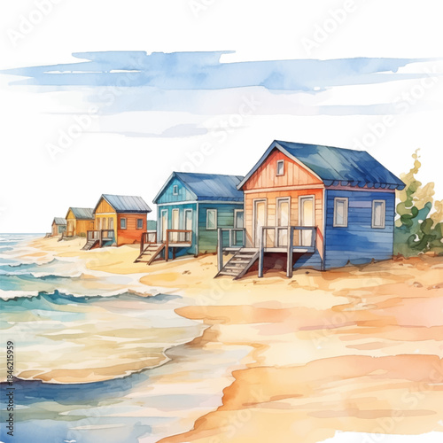 Vibrant watercolor painting of idyllic atmosphere of coastal village. Row of colorful beach huts on sandy shore and the sparkling ocean vector background. Palm trees sway gently in the breeze