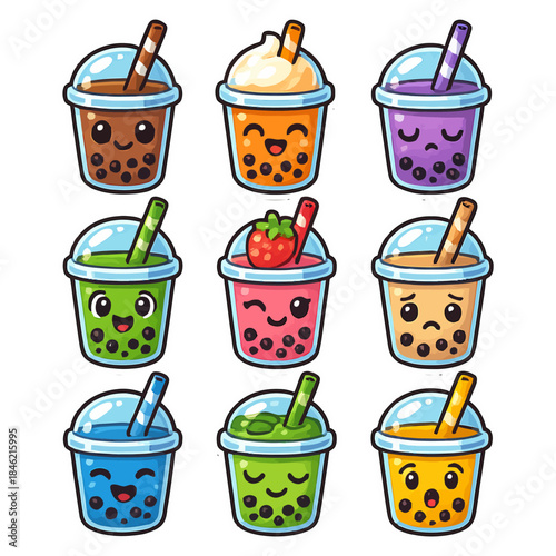 Cute cartoon bubble tea characters with different expressions and flavors.