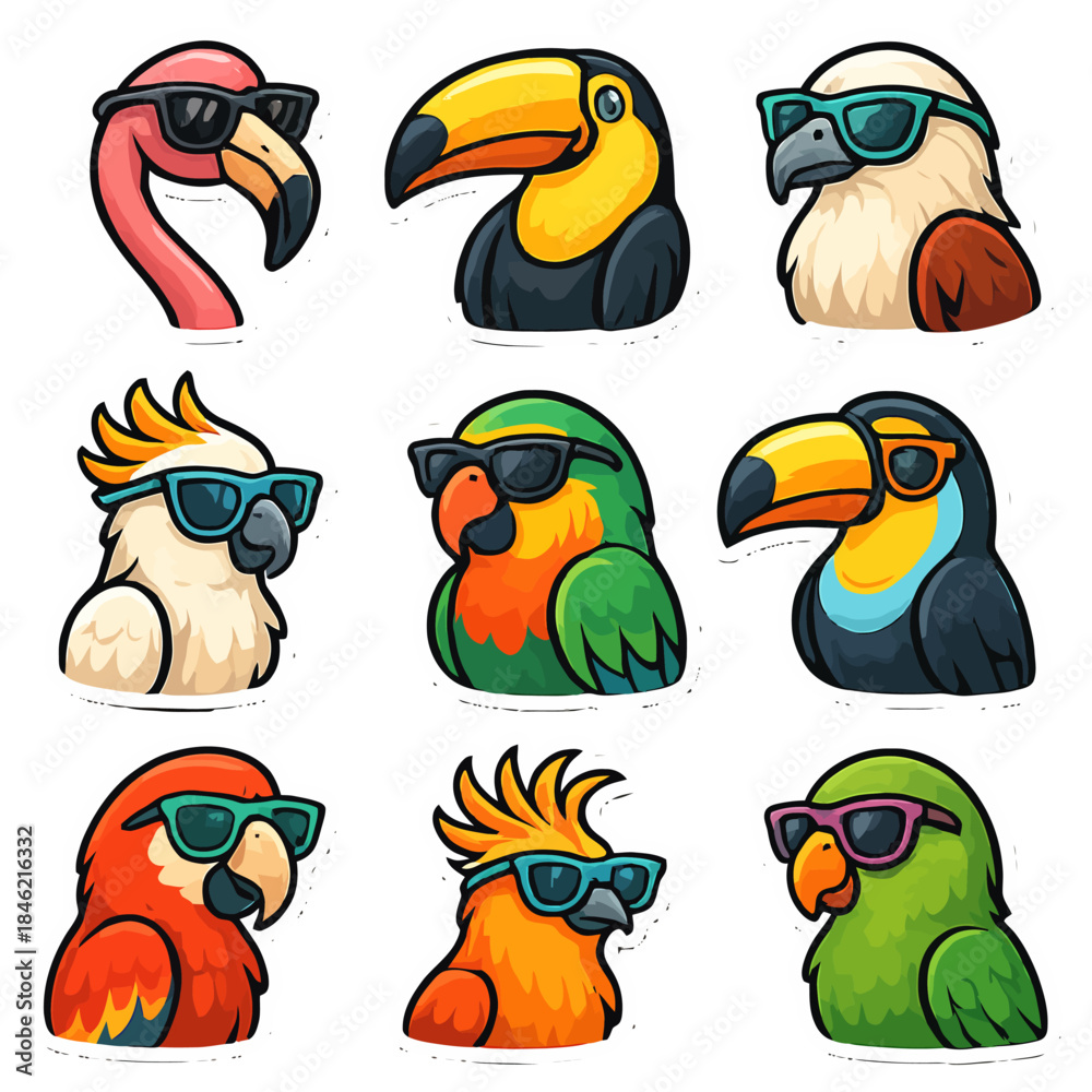 Fototapeta premium Colorful cartoon birds wearing sunglasses variety collection.