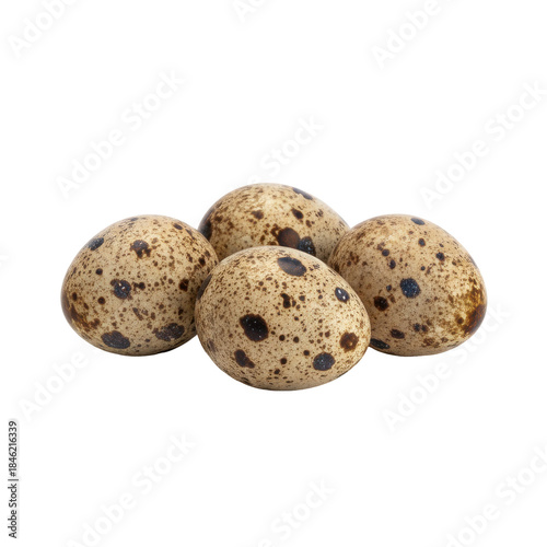 Pile of speckled quail eggs arranged closely on a transparent background