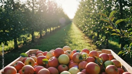 Freshly Harvested Apples in a Crate at an Orchard During Golden Hour.