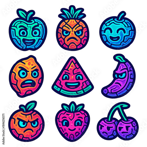 Colorful fruit faces with expressive emotions in modern geometric style.