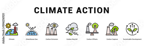 Climate Action Modern and clean web banner illustration featuring thematic icons for visual communication