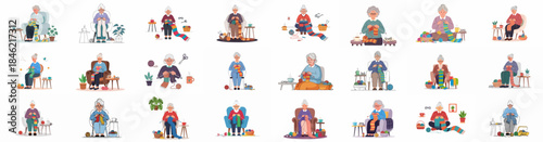 A collection of cozy illustrations featuring senior women knitting scarves and engaging in needlework, showcasing a relaxed hobby, handmade crafts, and elderly leisure time.