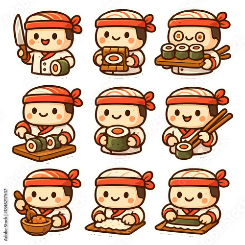 Cute cartoon sushi chefs making sushi – fun and adorable cooking characters.