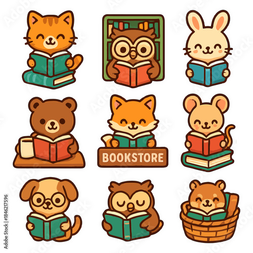 Adorable animals reading books collection.
