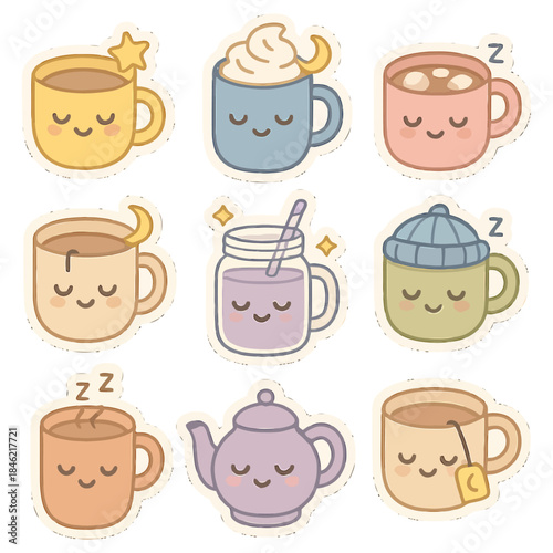 Cute sleepy cartoon beverages collection with smiling cups and teapot.