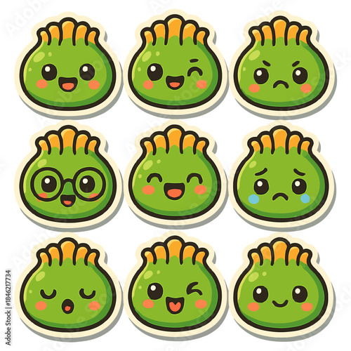 Cute green dumpling emoji set with various expressions.