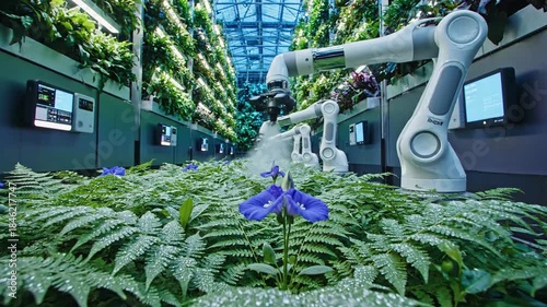 Automated robotic arms meticulously monitor and adjust advanced indoor vertical farming greenhouse systems for optimal plant growth and cultivation.