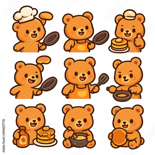 Cute cartoon bears cooking pancakes with kitchen utensils and ingredients.