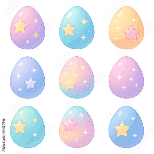 Pastel colored decorative easter eggs with stars and sparkles.