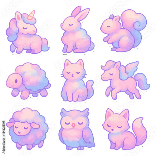 Cute fantasy animals in soft pastel colors: unicorn, bunny, squirrel, cat, pegasus, owl, fox, sheep.