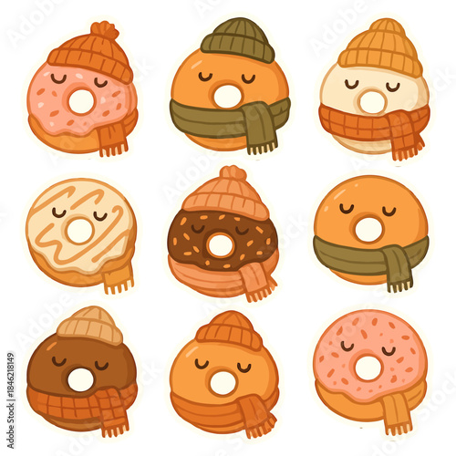 Illustration of adorable donuts in winter attire with hats and scarves.