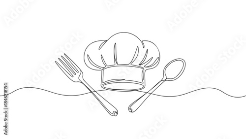 A minimalist line art illustration of a chef's hat with a fork and spoon crossed beneath it, symbolizing culinary arts and cooking.