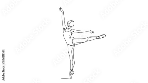 A graceful ballerina is captured in a single continuous line drawing, showcasing her elegant pose en pointe.