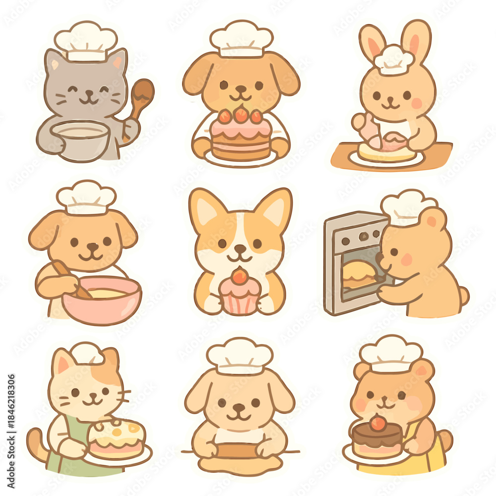 Obraz premium Cute cartoon animals baking together in chef hats.