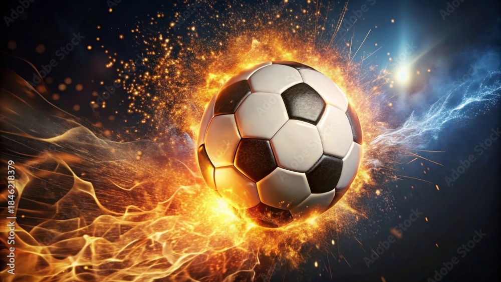 Fototapeta premium Fiery Soccer Ball Exploding with Dynamic Energy and Sparkling Trails of Light and Heat