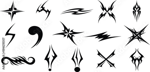 Collection of sharp abstract graphic designs, featuring various tribal-inspired vector elements and decorative accents for edgy visual projects and bold statements