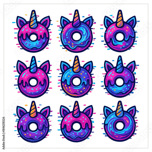 Colorful unicorn-themed donuts with horns and ears in vibrant patterns.