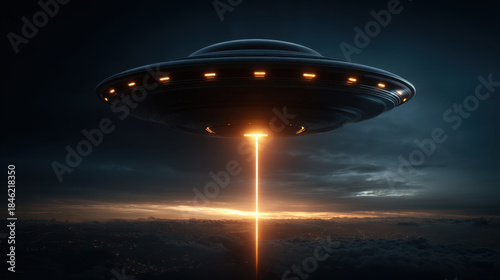 Massive metallic UFO hovering above clouds at dusk with glowing orange beam of light descending toward horizon, dramatic sky and cinematic atmosphere conveying mystery and tension