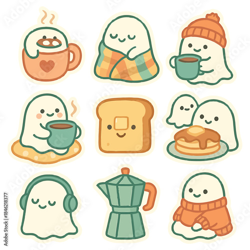 Cute ghosts enjoying cozy activities with coffee and breakfast theme.