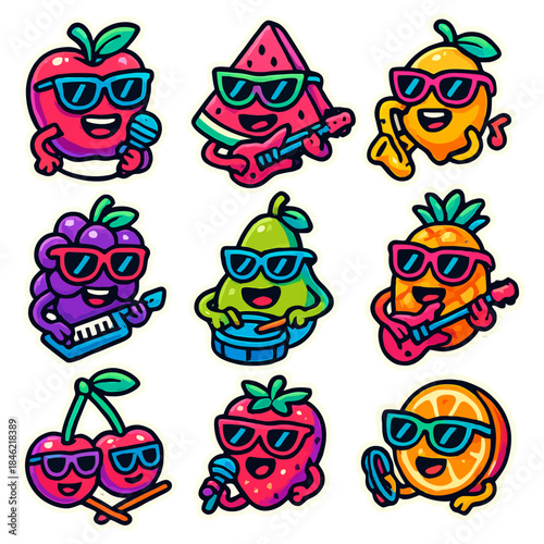 Colorful cartoon fruits playing musical instruments.