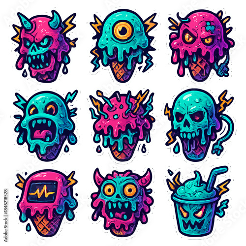 Vibrant monster ice cream stickers with unique designs and colorful characters.