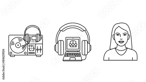Line art vector icons of a DJ turntable, headphones with laptop, and a user avatar
