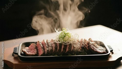 Sizzling Sliced Steak Served Hot with Steam Rising.