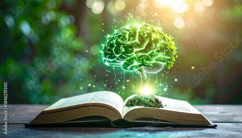 Sustainable knowledge growing from an open book in nature