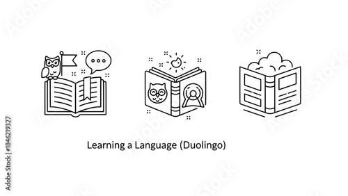 Duolingo-themed language learning icons: owl on open book, book with badge, and newspaper (vector line art)