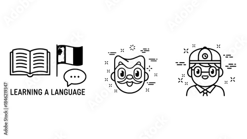 Language Learning Icons: open book with flag, owl mascot, and student illustration in outline vector style