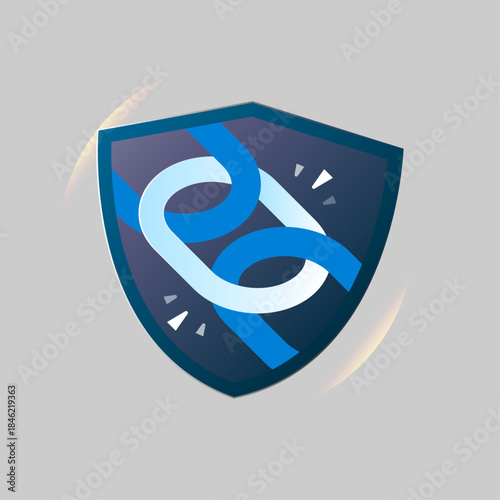 illustration of strong shield bound, heavy chains. durable materials, reinforced product strength. concept of tough construction, solid bonding, high resistance, long lasting material quality. label