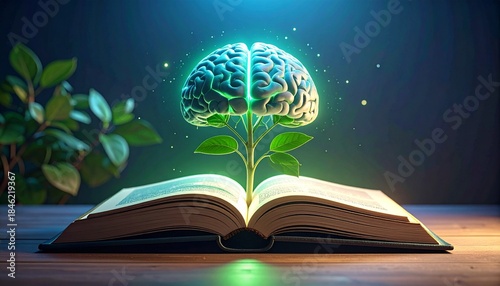 Glowing brain grows from open book on wooden desk with green plant