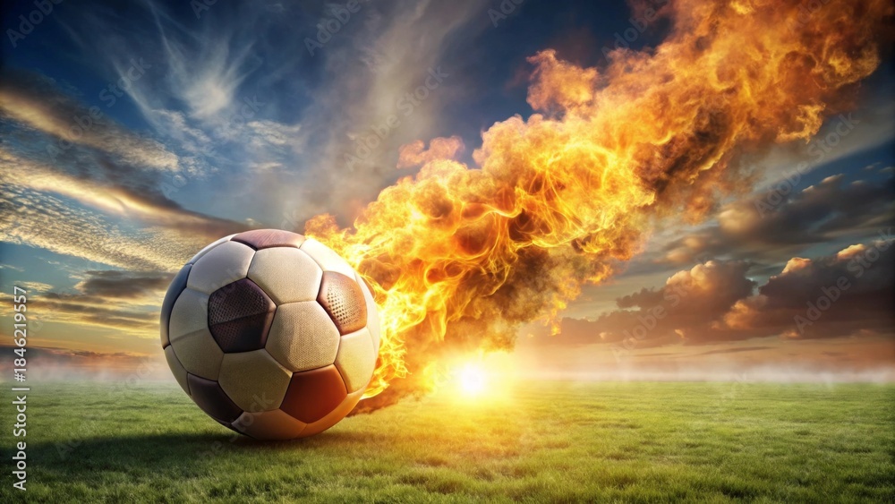 Fototapeta premium Fiery Soccer Ball Rolling Across a Verdant Field at Sunset with a Dramatic Sky
