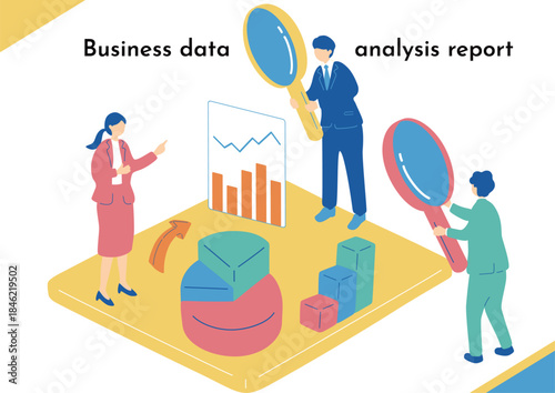 虫眼鏡でデータ覗き込むビジネスパーソン	