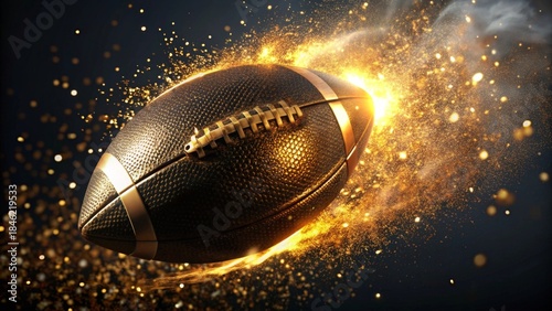 Golden American Football in Motion, Surrounded by Sparkling Dust and Glowing Embers, Representing Victory and Excitement