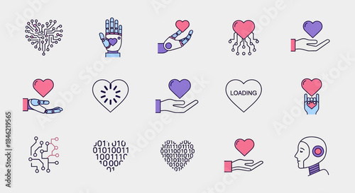 Love in technology and artificial intelligence concept icons
