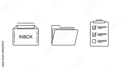 Line-outline icons: inbox mailbox, filing folder, and checklist clipboard