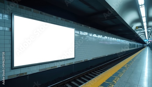 Fototapeta Naklejka Na Ścianę i Meble -  Blank billboard on subway platform beside tracks. Empty screen for advert or message. Public transport station advertising space. Copy space for your message.