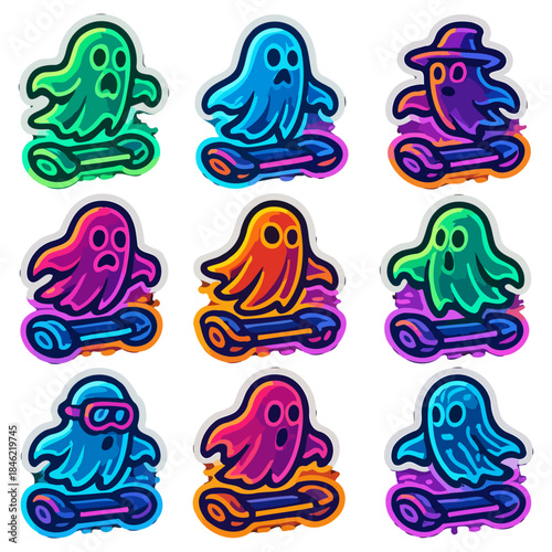 Colorful cartoon ghosts riding hoverboards in vibrant costumes.