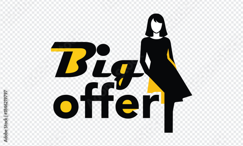 Woman in black dress with yellow accents standing next to big offer text