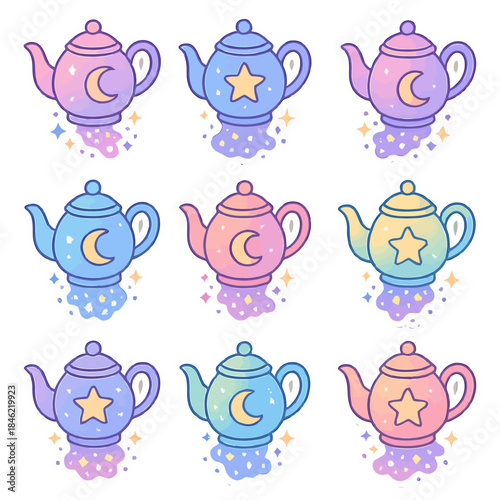 Whimsical celestial teapots with stars and moons in pastel hues.