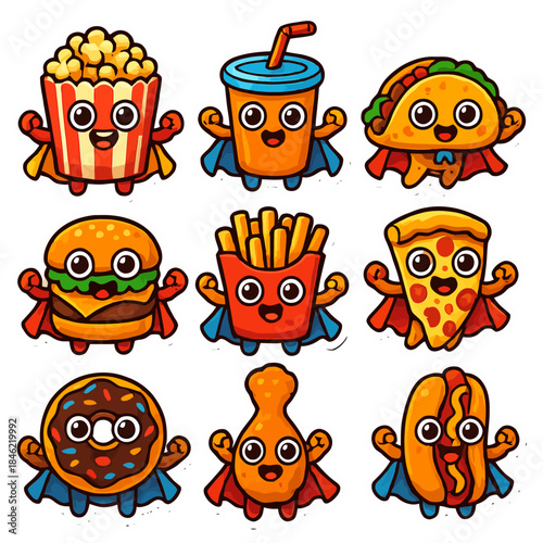 Cute superhero food characters: popcorn, burger, taco, pizza, and more.