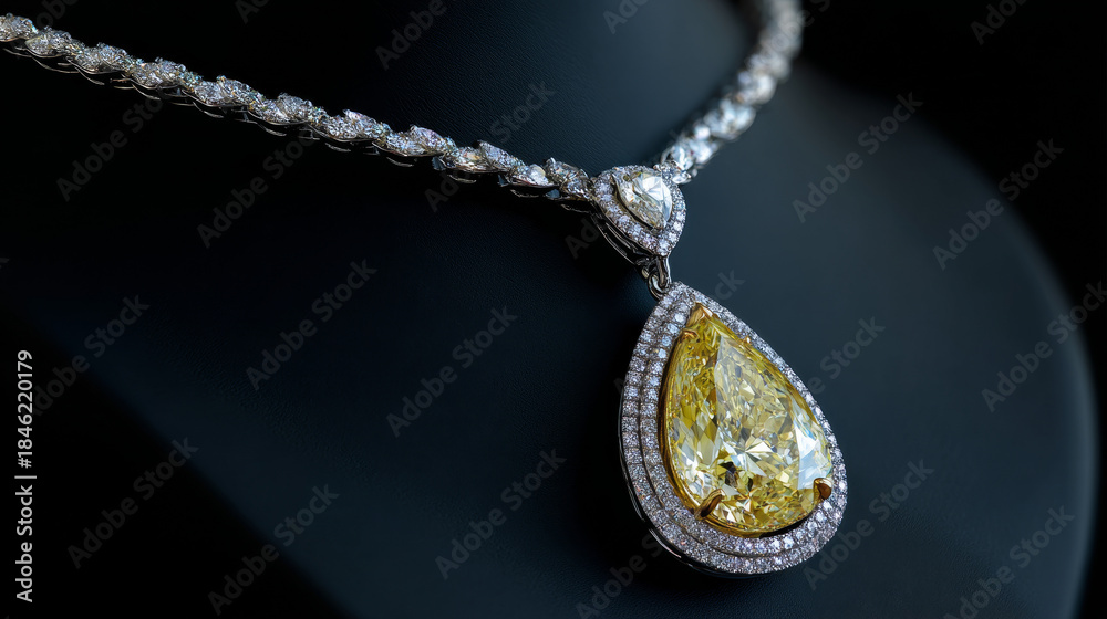 Fototapeta premium Yellow Diamond Pearl-Cut Pendant Necklace on Black Background